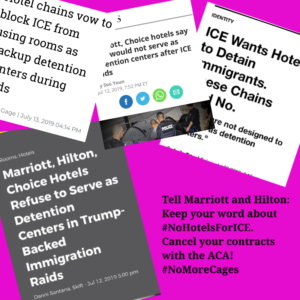 Clippings of news articles showing hotels promising to not work with ICE. Image on a pink background.